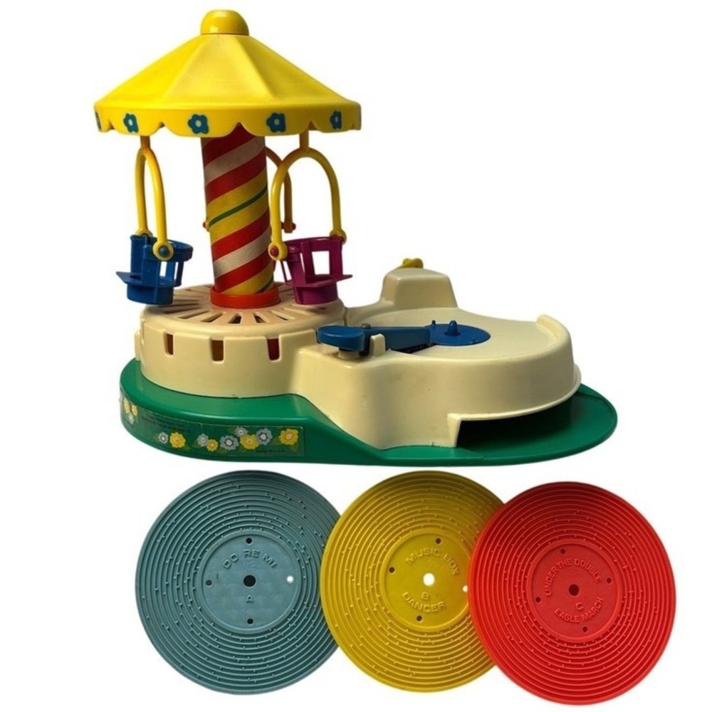 Vintage 1980 Fisher-Price Carousel Music Box Record  Player 3 Records Swiss Move